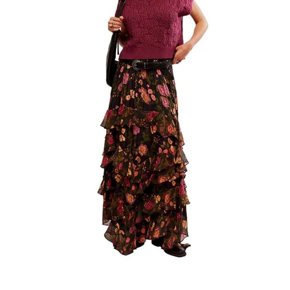 Free People-Lolita Floral Print High Rise Tiered Maxi Skirt. Like New.